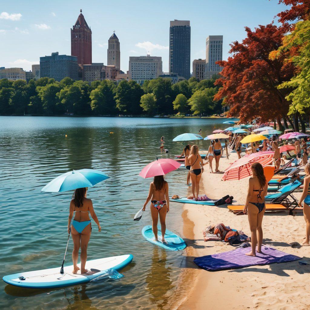 A vibrant lakeside scene showcasing a diverse group of people in stylish and modern swimwear, reflecting Michigan's urban culture. Incorporate elements like city skyscrapers in the background and a beautiful, clear lake in the foreground. Include colorful beach umbrellas and towels, as well as joyful activities like paddleboarding and sunbathing. The scene should evoke a sense of luxury and relaxation among the hustle of city life. super-realistic. vibrant colors. afternoon light.