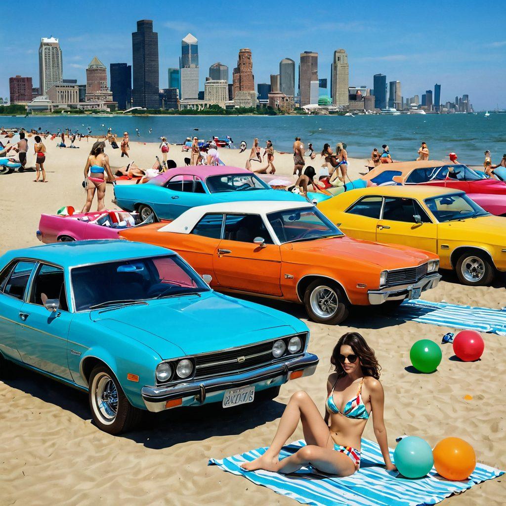 A vibrant beach scene showcasing a diverse group of people wearing colorful vintage swimwear from the 70s and 80s, enjoying a sunny day in Detroit. Incorporate classic cars parked along the shore, retro cocktails on bright beach towels, with the iconic Detroit skyline in the background. Add playful splashes of water and beach balls to convey a sense of fun and nostalgia. super-realistic. vibrant colors. 3D.
