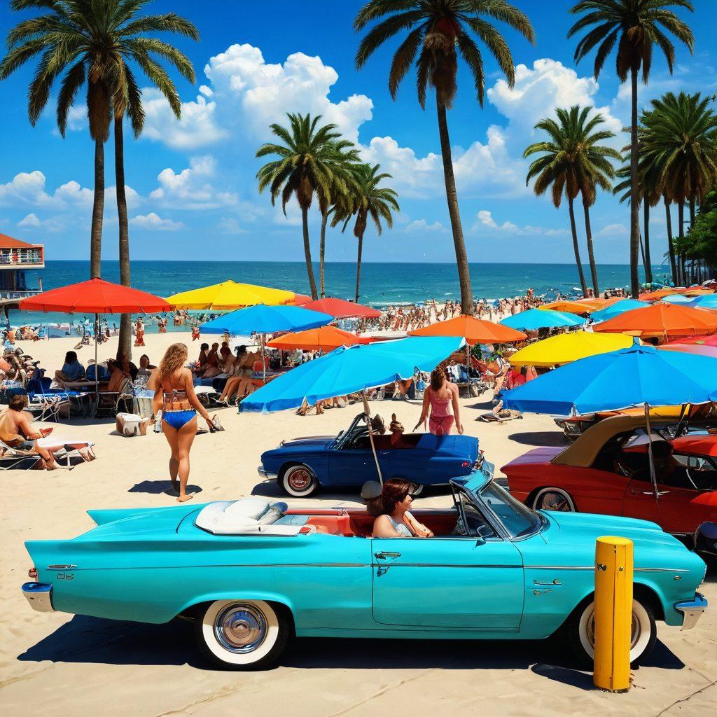 A lively Detroit beach scene featuring retro beach attire from the 1960s and 70s, with colorful umbrellas and vintage swimsuits. Include a classic convertible parked nearby, palm trees swaying in the background, and people enjoying summer activities like beach volleyball and sunbathing. The sky should be bright blue with a few fluffy clouds, capturing the essence of summer fun. retro illustration. vibrant colors. sunny atmosphere.